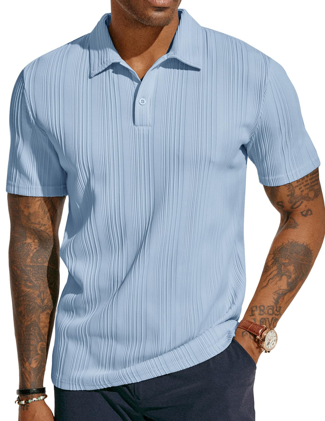 Photo 1 of Mens Polo Shirts Summer Spring Fall Stylish Polos for Hiking Light Blue medium 