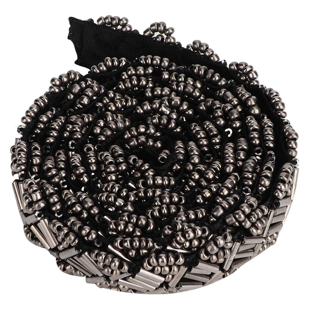 HEEPDD Vintage Beaded Trim Ribbon for Wedding, Bridal Dress, Sewing Craft, Party Decor, 1.5cm Width, Metal Color Square Tube Beads, 1 Yard