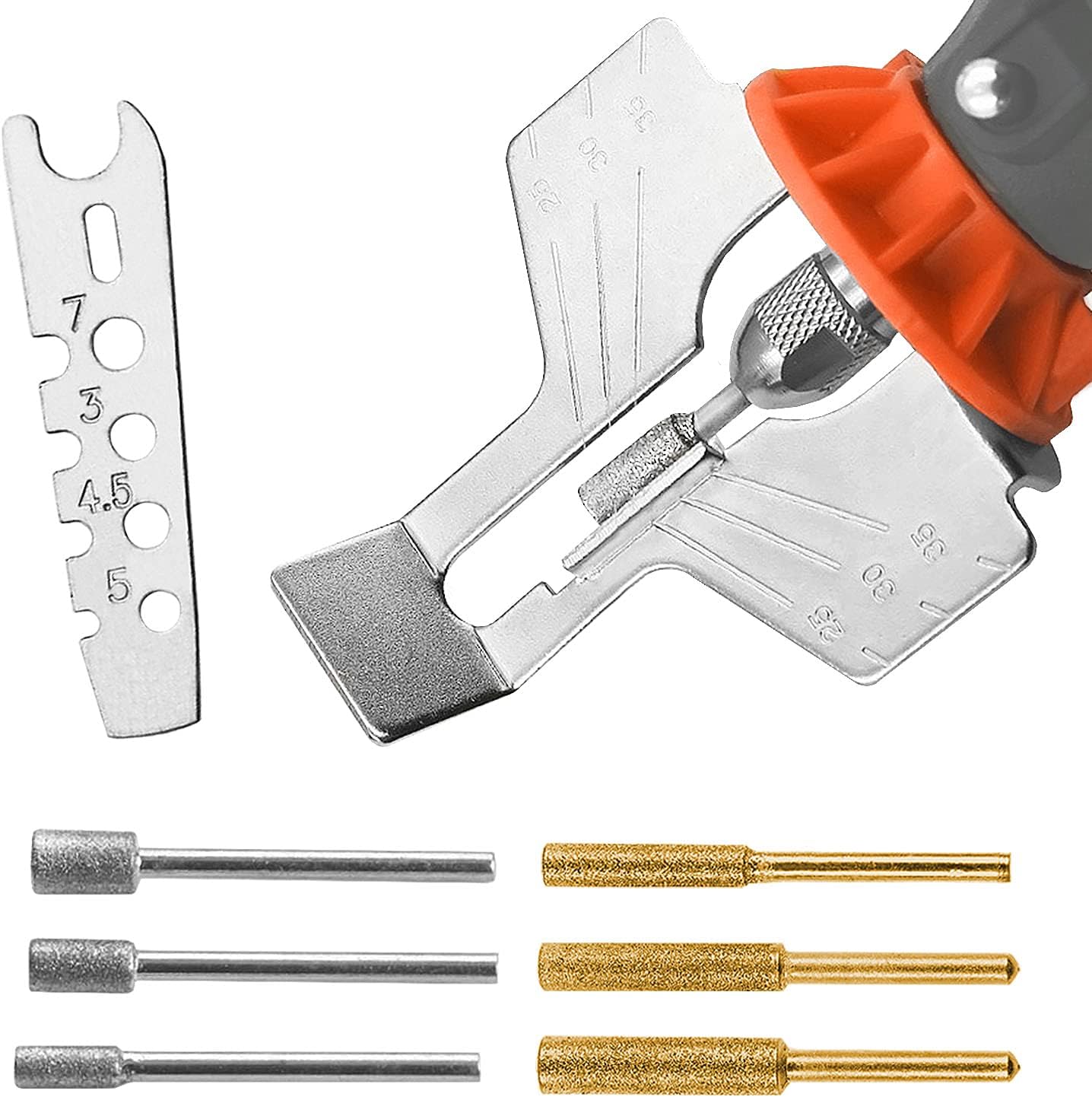 Chainsaw Sharpening Attachment Kit - 8Pcs Chain Saw Blade Teeth Sharpener Set with Angle Guide and Diamond Burr Grinding Stone Files, Drill Power Tool Accessories for Gardening Lawn Mower Chainsaw