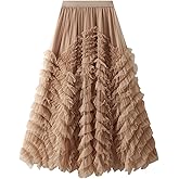 Women's Long Tulle Skirts Ruffles Tutu Skirt High Waisted Tiered Layered Mesh Skirts Flowy A-line Skirt Petticoat