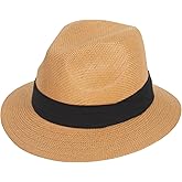 Summer Straw Panama Fedora Sun Hat UV Protection Beach Cuban Trilby Hats for Men and Women