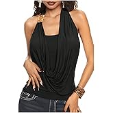 Floerns Women's Going Out Tops for Women Draped Front Halter Tops Beaded Backless Sleeveless Y2k Tank Tops