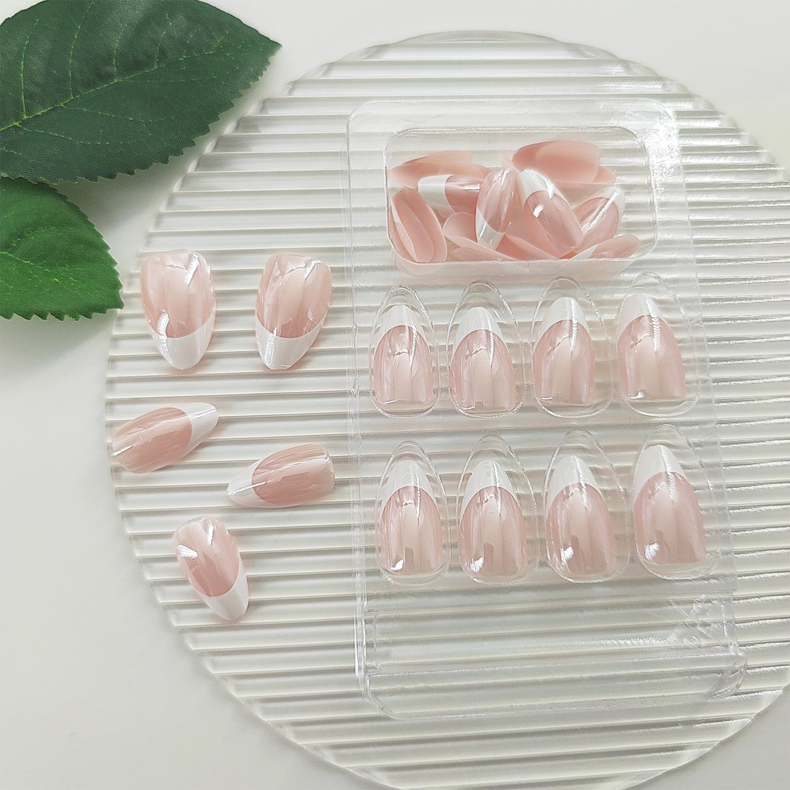 Chrome Press on Nails Short Almond Fake Nails White French Tip Nails Press ons Glossy Glue on Nails French Acrylic Nails Nude False Nails Artificial Stick on Nails for Women 30 Pcs - Image 3