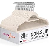 HOUSE DAY Velvet Hangers with Tie Bar 20 Pack, Non-Slip Clothes Hanger | Ivory Space Saving Felt Hangers for Pants, Coat, Suits, Shirt, Scarf, No Hanger Marks, with 360&deg; Swivel Hook for Closet