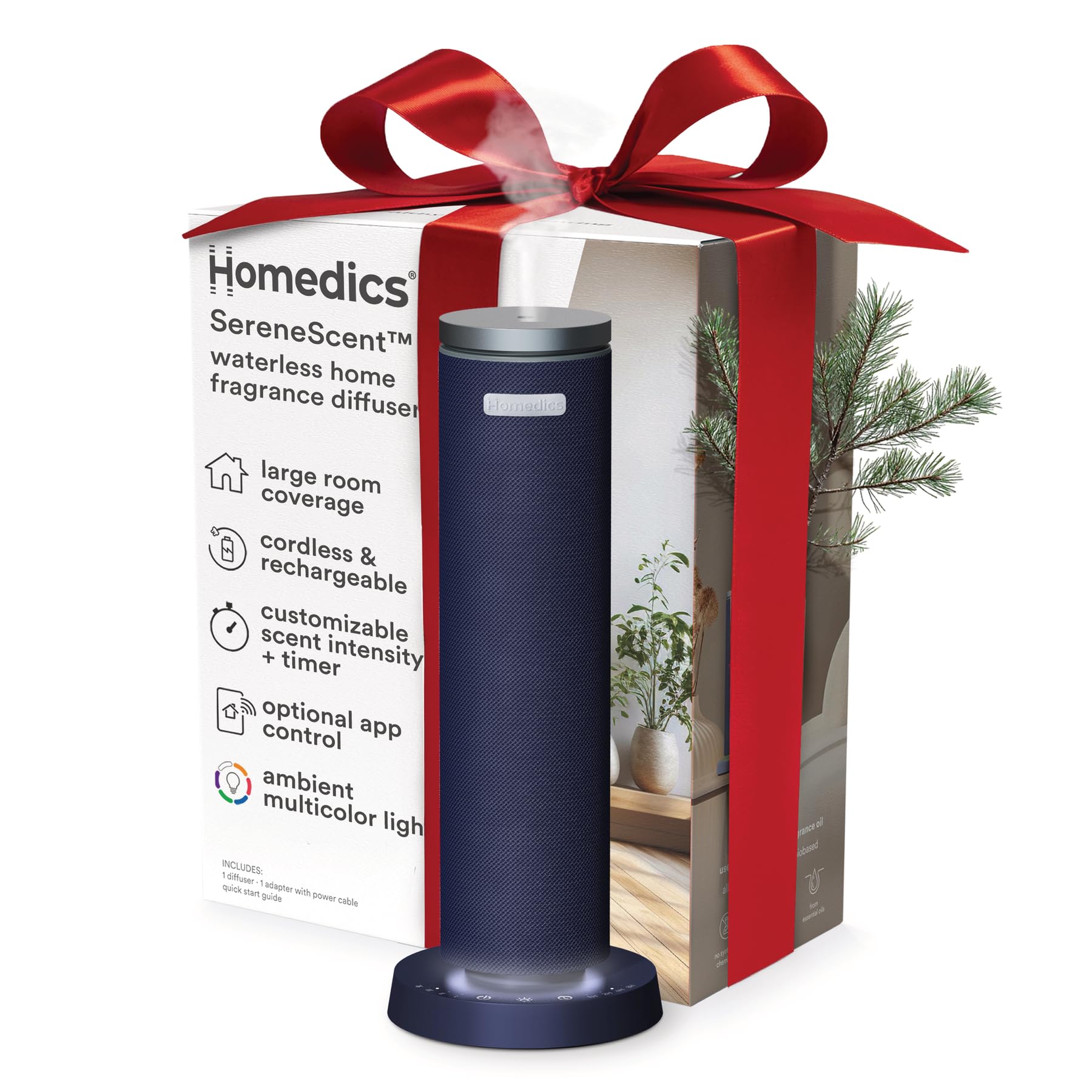 Homedics SereneScent Fabric Rechargeable Waterless Diffuser, Use with Homedics SereneScent Oil 120ml (Sold Separately) Cordless Aromatherapy, Adjustable Mist & Timer, 6 Calming Lights, Future Dusk