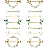 G&amp;O JFU 7 Pairs 14G Nipple Rings Set &ndash; Stainless Steel Straight Barbell with CZ Stones, Gold Plated &amp; Silver Tone, Butterfly Back Pink Nipple Piercing Jewelry for Women