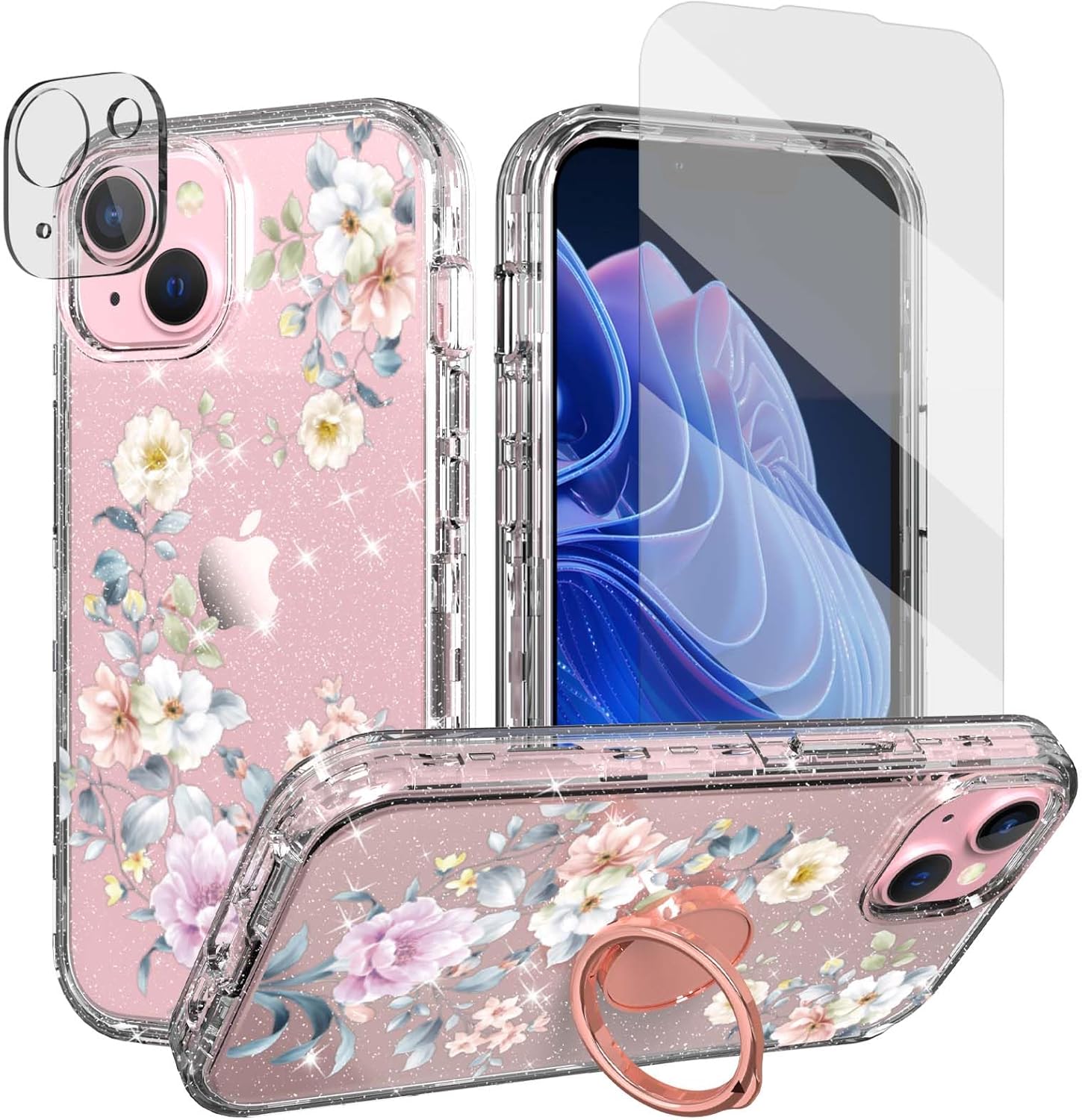 Paintings - ACKETBOX for iPhone 15 Case with Screen Protector & Camera Lens Protector + Ring Bracket，Sparkly Bling Design for Women and Girls Full Body Protective Phone Case for iPhone 15 (Flower-06)