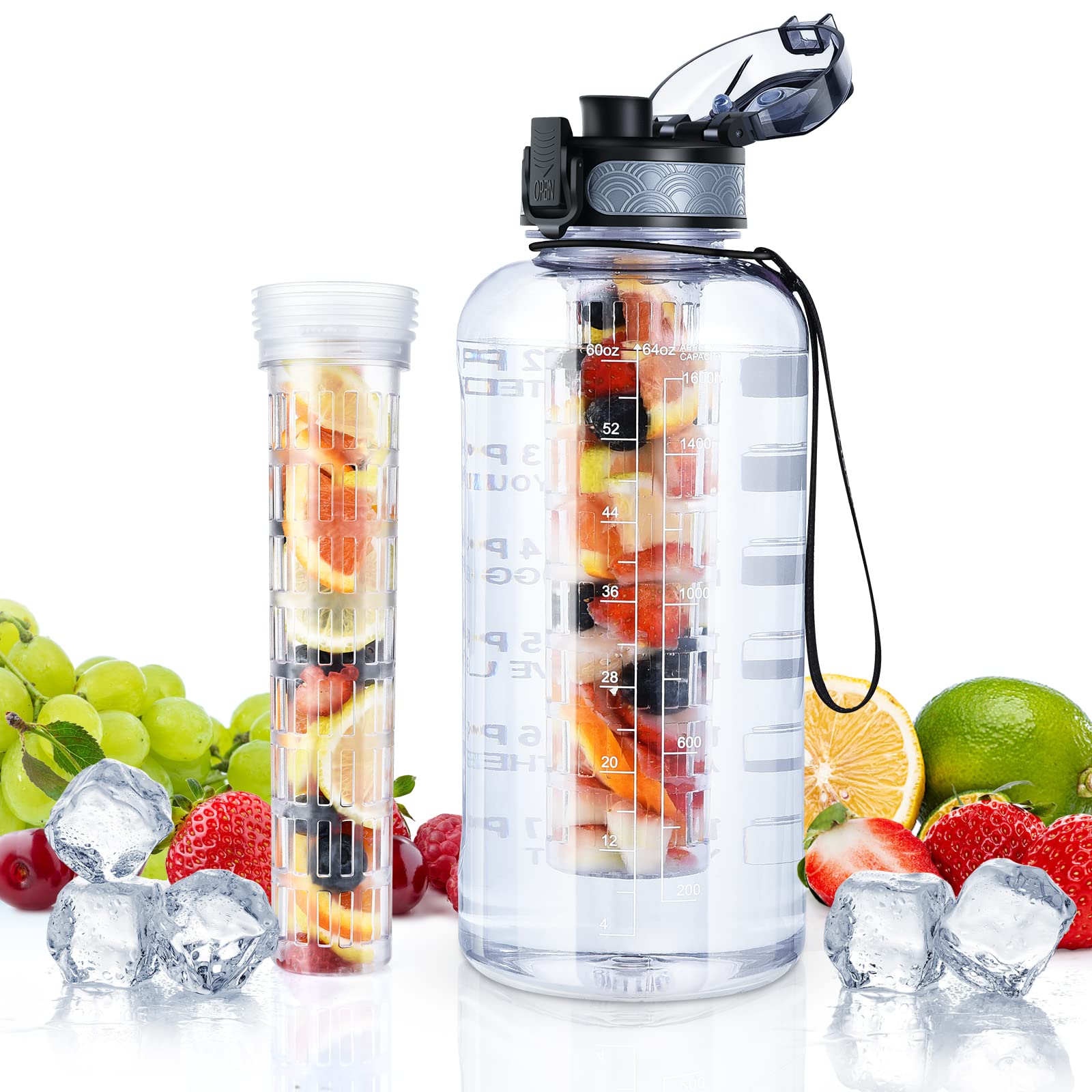 UTEBIT 2 Litre Water Bottle with Fruit Infuser, Sports Water Bottle 2L with Motivational Time Markings, Dishwasher Safe Leak-proof Drink BPA Free Tritan for Outdoors, Camping, Gym, School