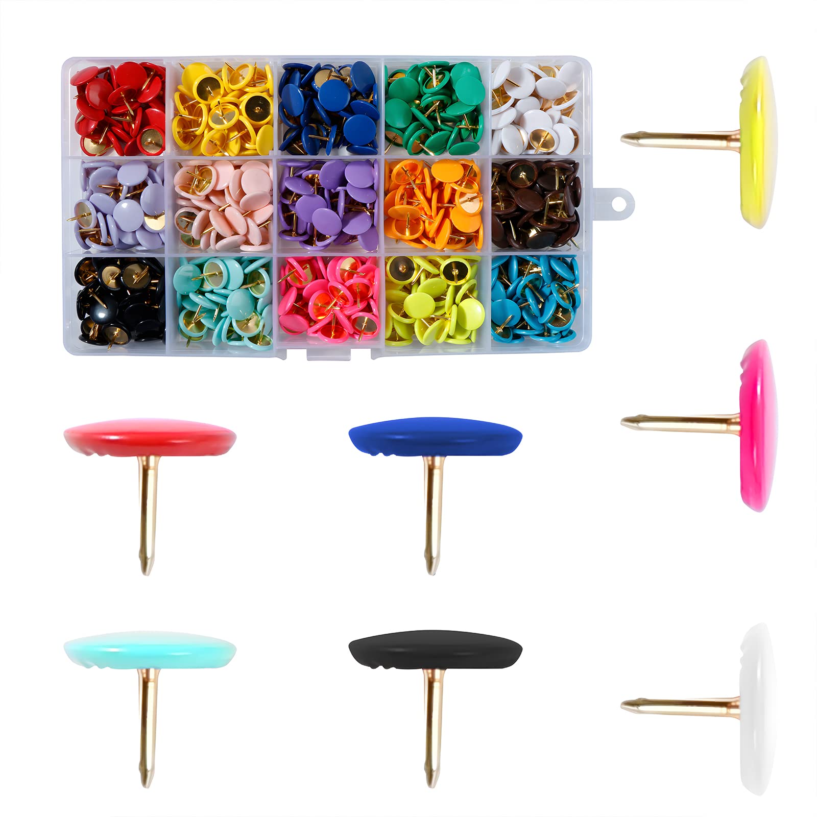 VAPKER Thumb tacks 600Pcs Colored Push Pins,Flat Round Head Thumbtack with Gold Steel Point 15 Colors Decorative Thumb Tacks for Home, School, Office