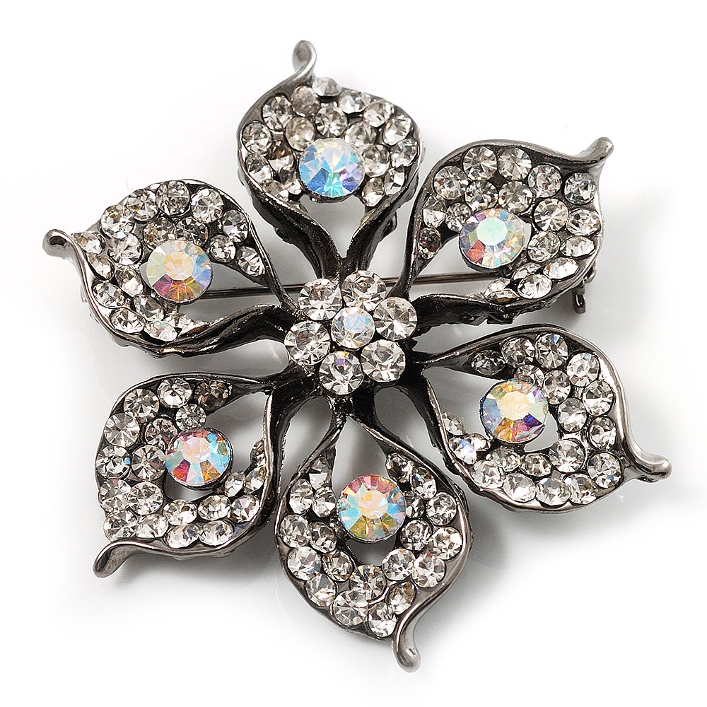 Sparkling Clear Crystal Flower Brooch (Black Tone)
