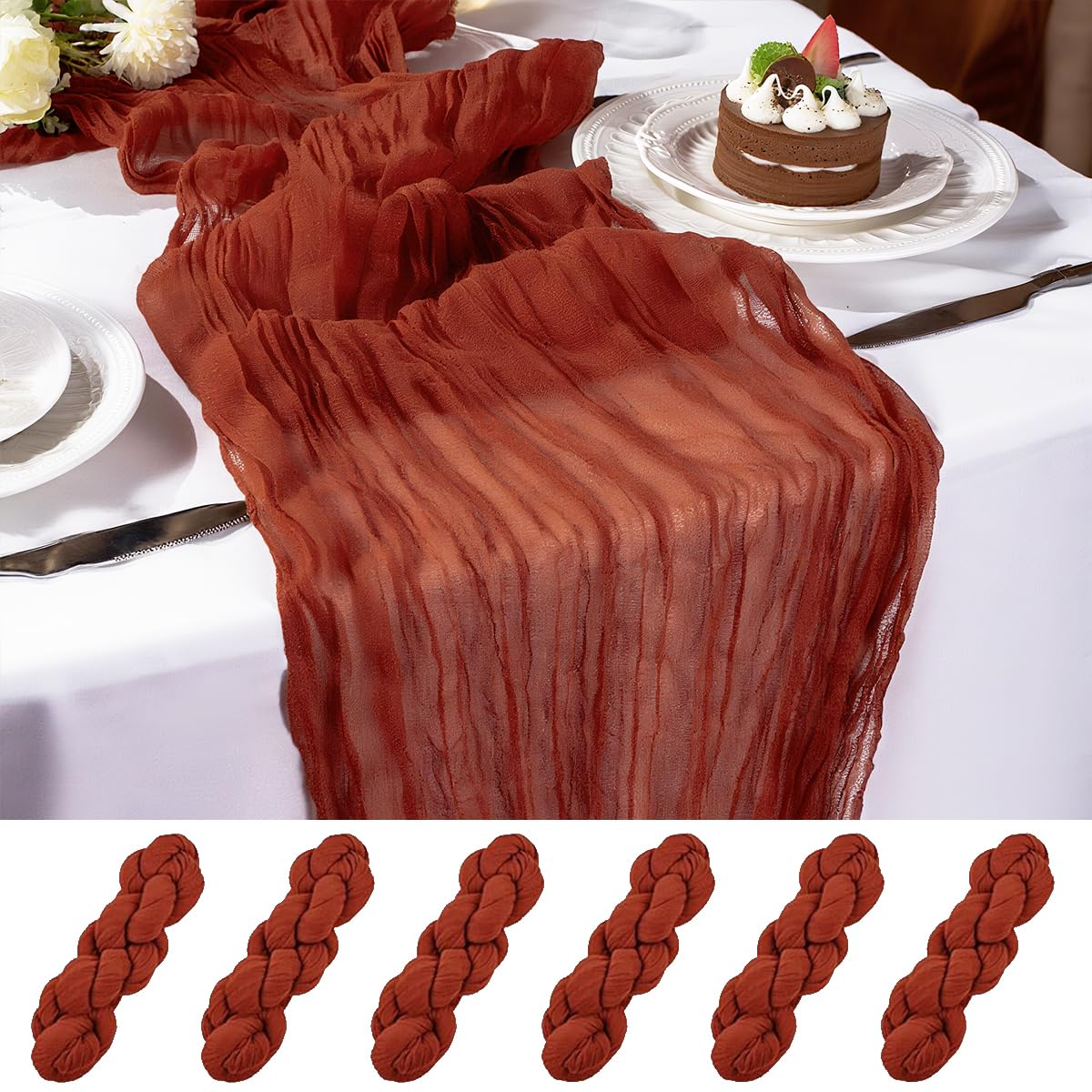 Photo 1 of 10FT 6 Pack Terracotta Cheesecloth Table Runner Romantic Boho Rustic Sheer Gauze Cheese Cloth Table Runners 120x22 inchs Decor for Wedding Bridal Baby Shower Party Birthday Home Decorations
