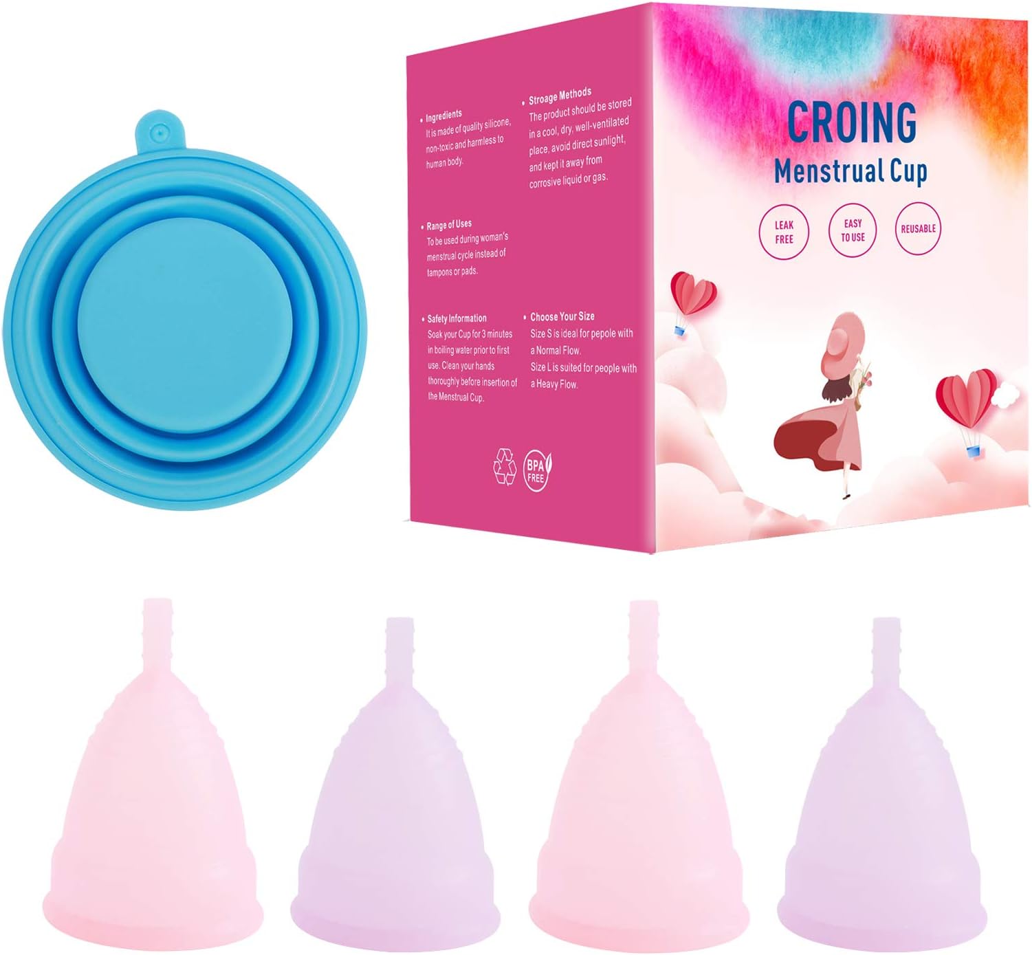 CROING Menstrual Cups Set of 4 with Free Collapsible Silicone Cup Which for Sterilizing and Storing Menstrual Cups, 2 pcs Small and 2 pcs Large (Purple and Pink)