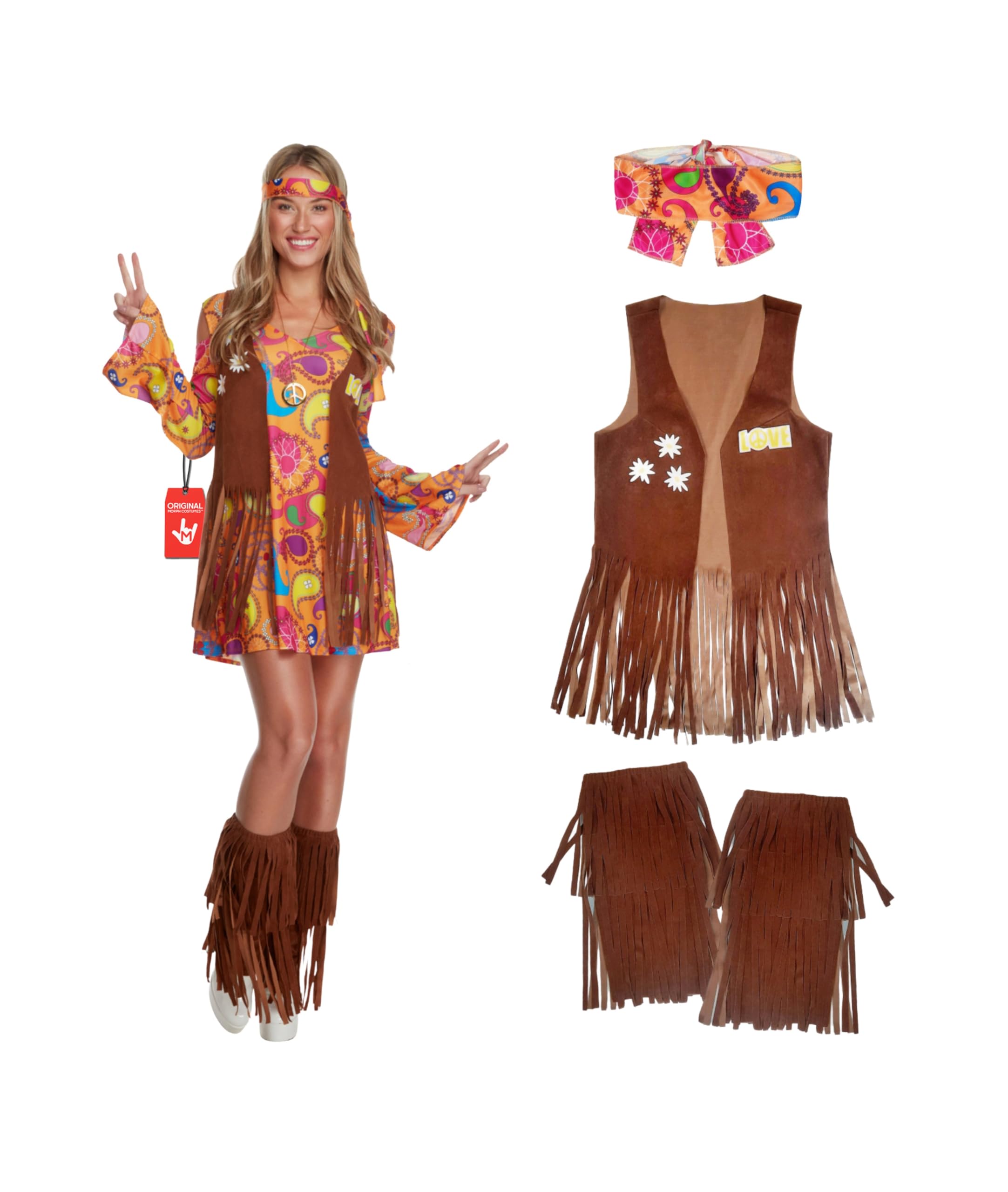 Morph Hippie Costume For Women - 70s Fancy Dress, 60s Hippie Dress, Retro Costume, Festival Outfit, Boho Style, Small