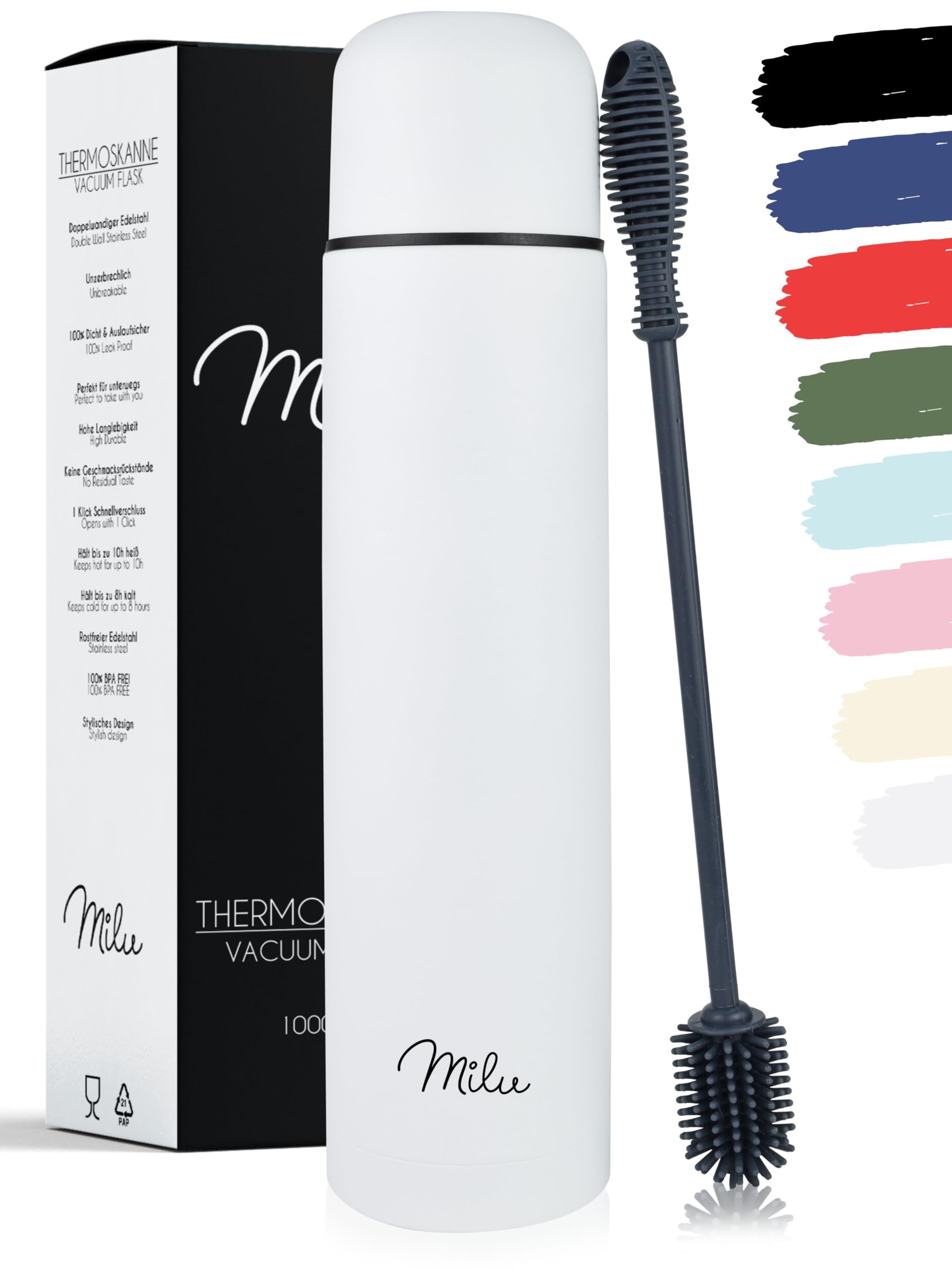 Milu Vacuum Insulated Flask 1L, 750ml, 500ml - Thermo Water drinking Bottle with Cup for Hot & Cold Drink - Stainless steel, 100% leak-proof (White, 1000 ml)