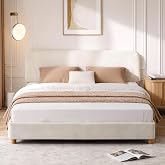 Queen Cloud Bed Frame, Wood Boucle Upholstered Platform Bed, Cream White | Adjustable Headboard, Rounded Corners, Easy Assembly, Modern Cama Queen