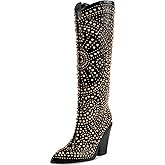 iiimmu Womens Boots Pointed Toe and Chunky Heel Boots for Women Luxurious Studded Boots Tall Boots with Metallic Rivets, White/Black Size US 5-12