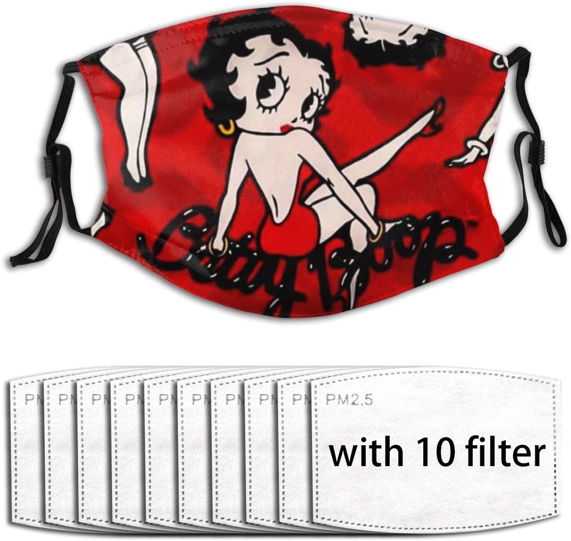 UV Protection Reusable Mouth Guard with Replaceable Filters, Betty Boop Anime Cartoon Dust Pollution Face Guard for Running Cycling with Adjustable Ear Loops - 10 Filter : Sports & Outdoors