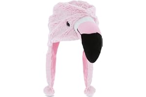 DolliBu Stuffed Animal Plush Hat - Super Soft Warm Hat With Ear Flaps, Funny Hat for Winter with Cozy Fleece, Plush Toy Novelty Hats for Kids, Teens, and Adults - One Size, Pink Flamingo Hat
