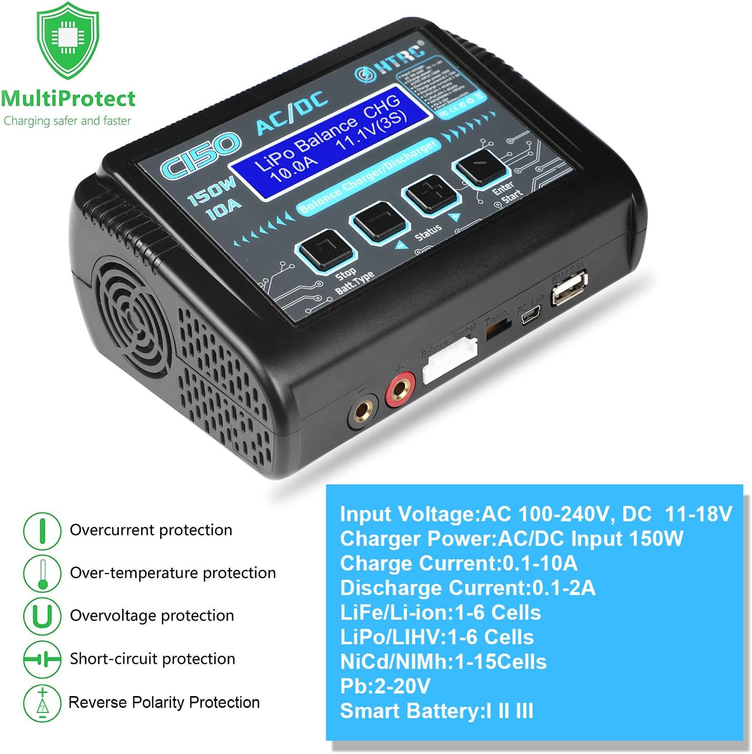 LiPo Charger,Battery Balance Charger Discharger 150W 10A AC/DC for Li-ion/Life/NiCd/NiMH/LiHV/PB/Smart Battery(Battery Charger Adapter): Toys & Games