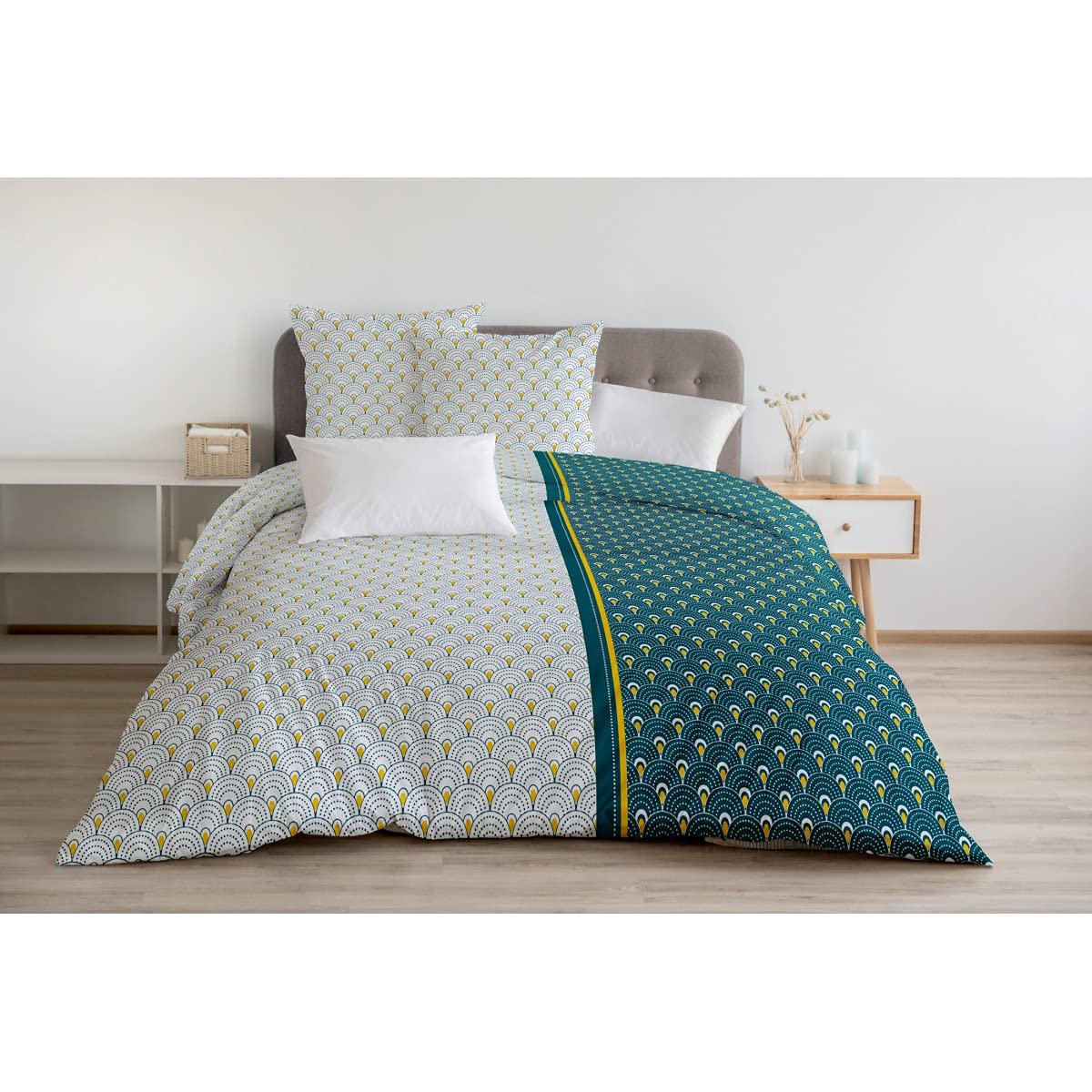 Home Linge Passion | Duvet Cover - 3 Pieces | 100% Cotton - 57 Thread Count | Double Bed - 220 x 240 cm | Rainbow Blue/Green Curry