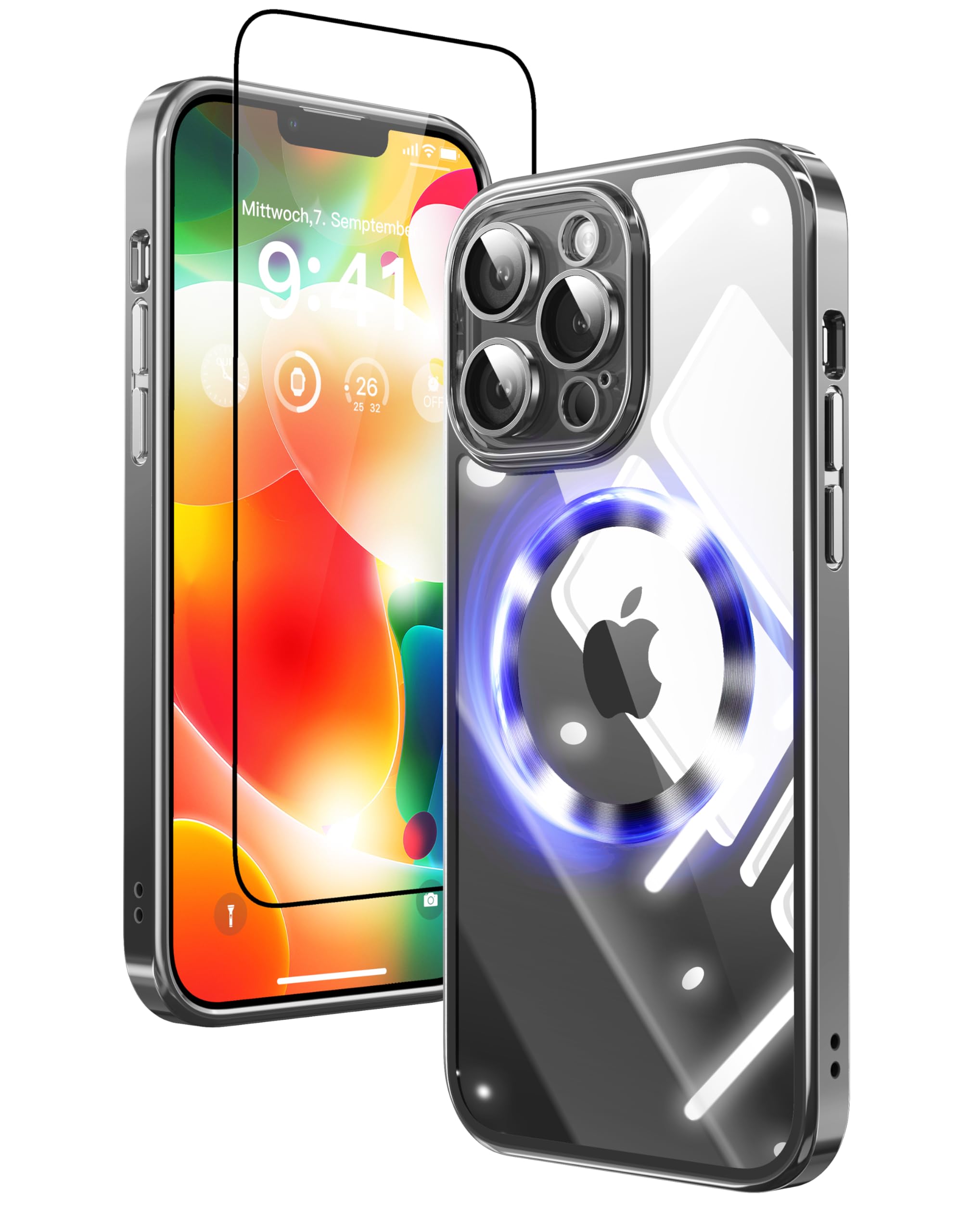 Mephoro 2 in 1 for iPhone 14 Plus Case Crystal Clear, Not Yellowing, Compatible with Magsafe, with 1X Screen Protector + Camera Lens Protector, Shockproof Protective iPhone 14Plus Case, Black