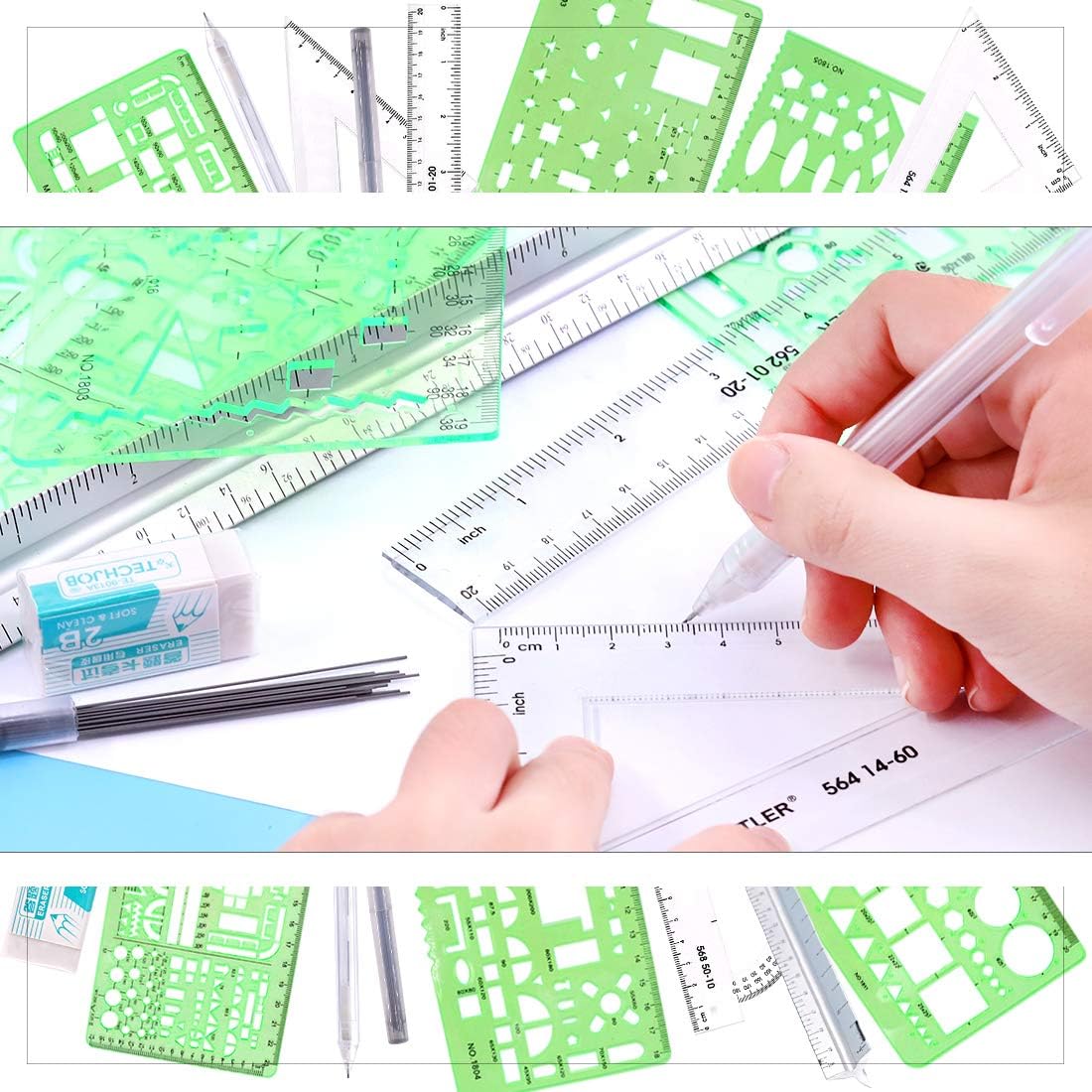 Glarks 16 Pieces Measuring Templates Building Formwork Stencils Geometric Drawing Rulers and Triangular Architect Scale Ruler with Pencil, Pencil Lead Refills, Eraser for Office and School: Arts, Crafts & Sewing
