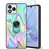 Tuxiwei Soft TPU Case for Vortex J24, Vortex Cellular J24 Tempered Glass Screen Protectors 9H, Built-in Ring Finger Holder Kickstand [Support Car Magnetic] Hands Free | Multi-colored Art Wavy Painting