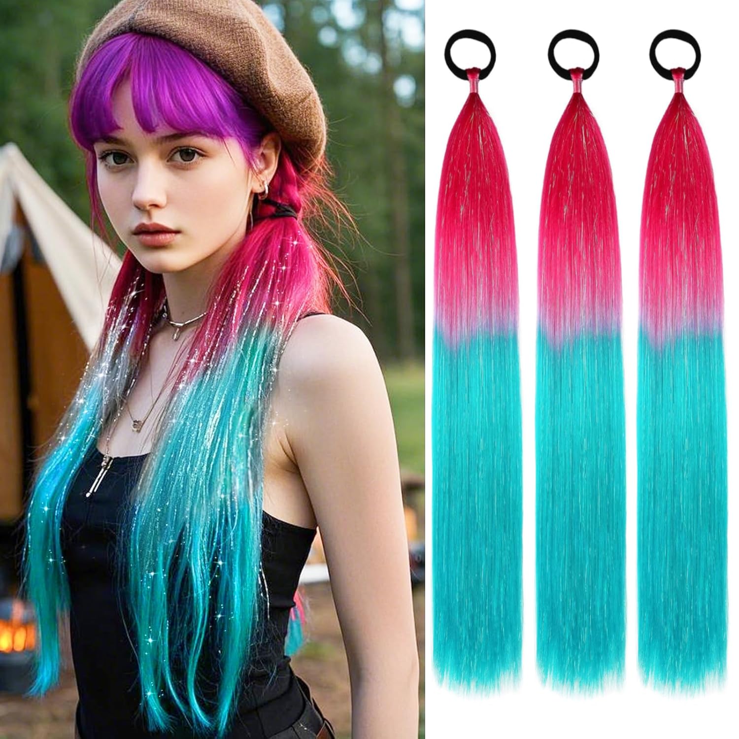 PORSMEER 3 Packs Ponytail Extension 24 inch Red to Cyan Colored Hair Extensions Tinsel Mixed for for Girl Women Braiding Ombre Pony Tail Glitter Hair with Tie Rave Crazy Hair Day โ image 1