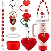 Cup Red Accessories Set for Stanley Cup,Water Bottle Handle Strap, Siliocne Boot, Red Rose Straw Cover, Heart Charms, Straw Topper for 40oz & 30oz Tumbler 8 Pcs