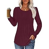 GKBK Women Long Sleeve Shirts Fall Tops Dressy Pleated Scooped Neck Tunic Tops for Leggings S-3XL