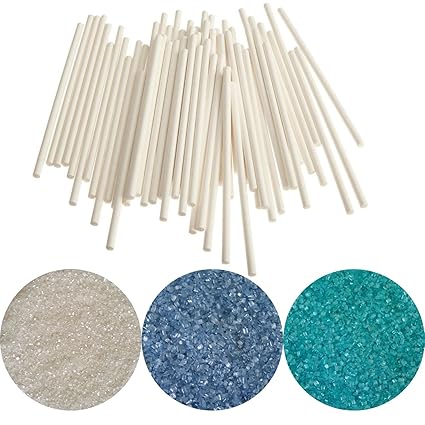 yagma Stiele für Lollies - 50 Stück - 15 cm weiß incl. Glimmerzucker in wunderschön leuchtender Farbe (Set - Eiszeit (Frozen)