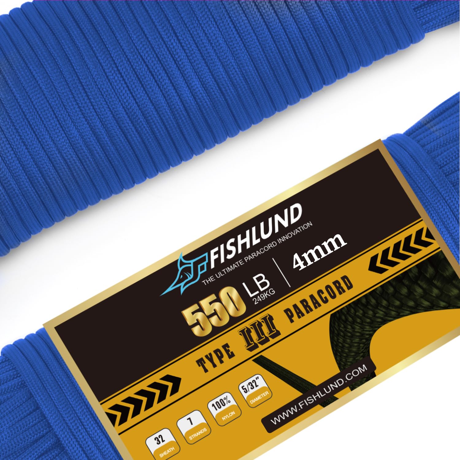 FISHLUND Paracord 550 lb, 7 Strand Type III Paracord Rope 100ft, High Strength Nylon Parachute Cord for Camping, Survival, Tactical and Hiking, Royal Blue
