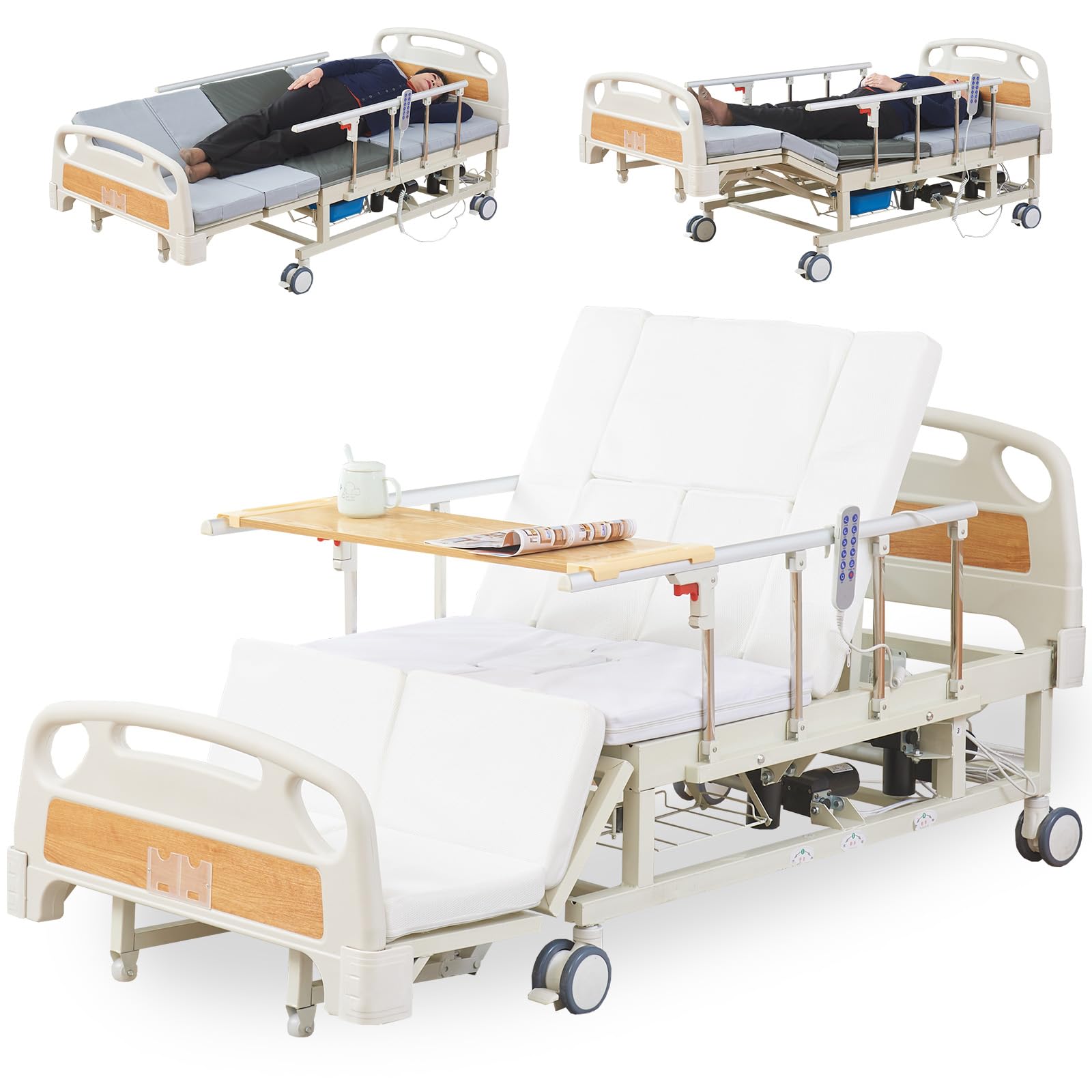 Photo 1 of **The picture is a reference, see the manual**, Premium10-Function Electric Hospital Bed for Home Use, ICU Medical Bed with Lateral Tilting, One-Button CPR Flat, 5" Locking Casters, Foam Mattress, IV Pole, Dining Table, 550 lbs Capacity, 83" x 38"