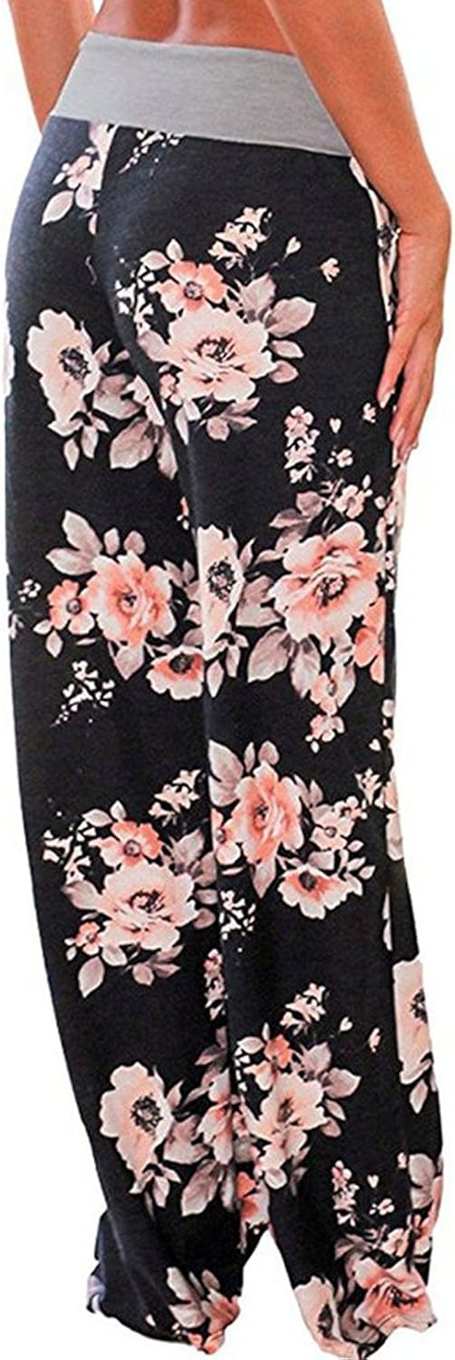AMiERY Women's Comfy Casual Pajama Pants Floral Print Drawstring Palazzo Lounge Pants Wide Leg at  Women’s Clothing store