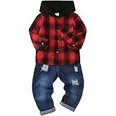 JOIMOCY Toddler Boy Clothes Baby Boys Fall Winter Outfits Plaid Hooded Sweatshirt Ripped Holes Jeans Set 2-5T