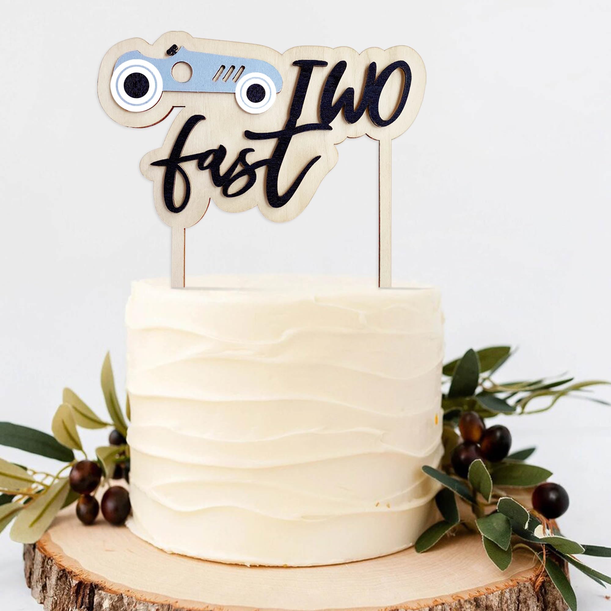 Photo 1 of 6 inch Two Fast Birthday Cake Topper – Wooden Race Car Decoration for 2nd Birthday, Racing Theme Party Cake Decor