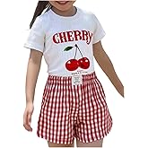MakeMeChic Girl's 2 Piece Outfit Cherry Print Short Sleeve Crewneck Tee and Gingham Print Shorts Summer Set