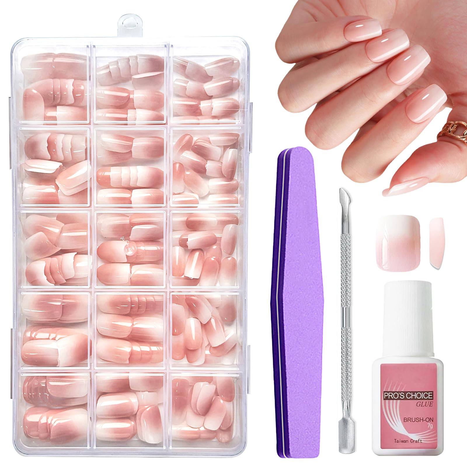 Press On Nails French Tip - 240Pcs Peach Gradient Short Square French False Nails Kit - Glossy Full Cover Stick On Nail - Acrylic Fake Nails for Nail Art DIY 15 Sizes