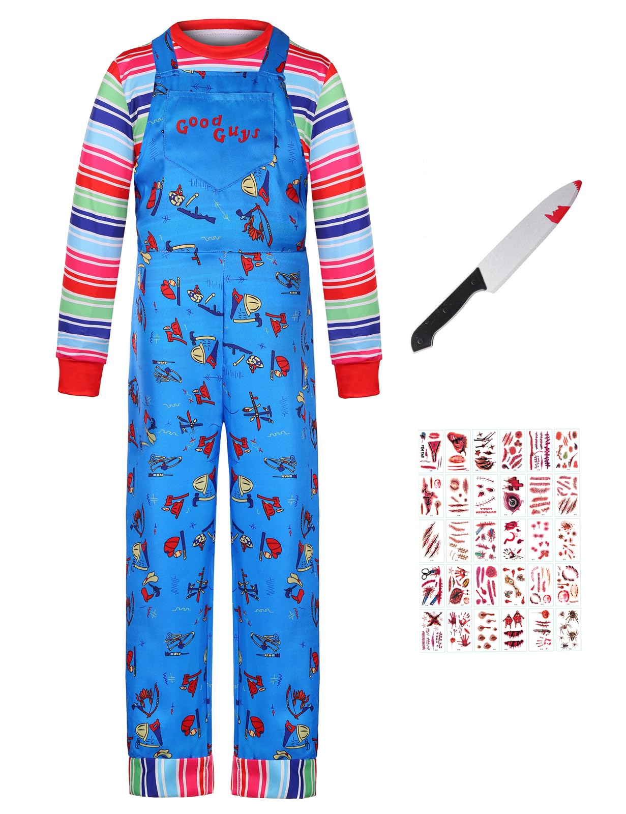 Photo 1 of DIYLN Kids Scary Movie Nightmare Doll Killer Cosplay Halloween Costumes Blue Cartoon Jumpsuit Striped Shirt with Accessories Knife Prop Scar Tattoo Stickers DY005-XXL