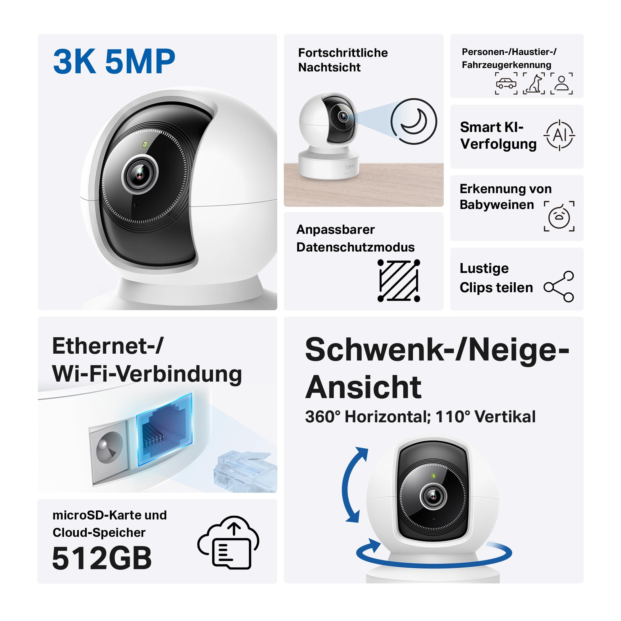 Tapo C232 360° KI-WLAN-Überwachungskamera, Ethernet/WLAN, 3K 5MP, Bewegungsverfolgung, Nachtsicht, Zwei-Wege-Audio, kompatibel mit Alexa und Google Assistant, MicroSD-Karte Bis zu 512 GB 3