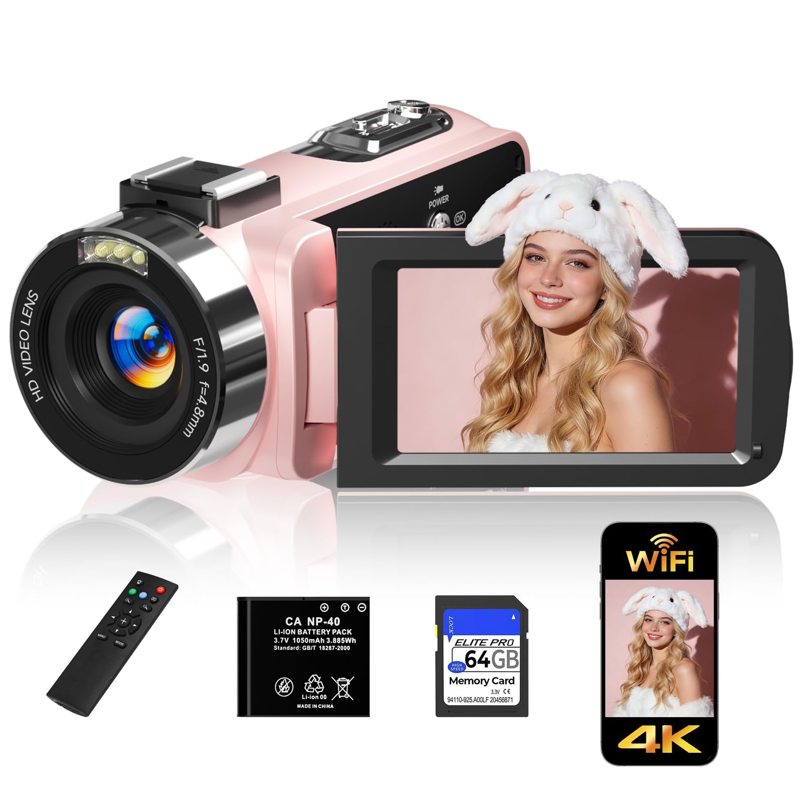 Photo 1 of Video Camera,FHD 4K 56MP Camcorder,WiFi Vlogging Cameras for YouTube with IR Night Vision,18X Digital Zoom 3.0''Touch Screen Digital Camera with 64GB Card,Remote Control,Webcam and Battery (Pink)