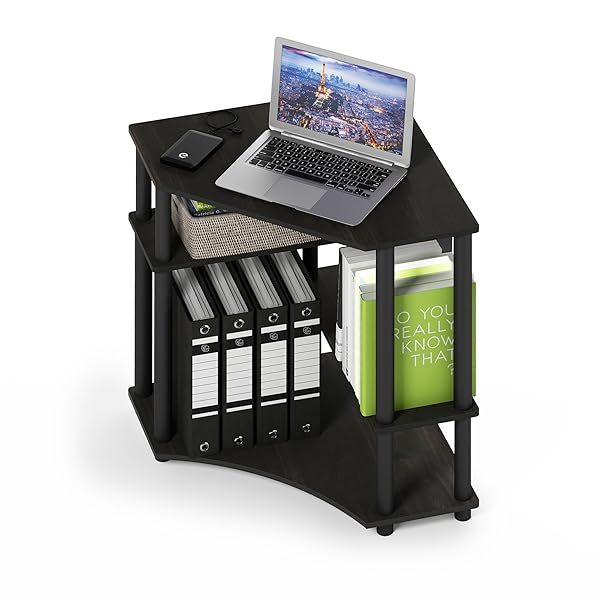 FURINNO TURN-N-TUBE DESK, GAMING DESK WITH SHELVES, CORNER COMPUTER DESK WITH SHELVES, OFFICE DESK, SPACE SAVING, FOR HOME OFFICE, BEDROOM, ESPRESSO
