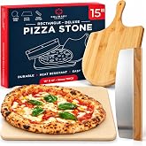 Large Pizza Stone for Oven and Grill Set - 15" x 12" - 3PCs Pizza Stone Set | Comes with Pizza Peel and Pizza Cutter, Even Heating for Perfect Crispy Crusts! Crack Resistant and Easy to Clean