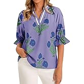 Cicy Bell Womens Boho Floral Blouses Puff Ruffle Sleeve V Neck Summer Shirts Dressy Casual Flowy Blouse Tops