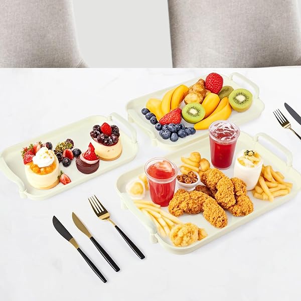 ZUFUDO 3 PACK SERVING TRAY WITH HANDLES, STACKABLE REUSABLE TRAYS FOR SERVING FOOD, PLASTIC SERVING PLATTERS FOR PARTY, CHARCUTERIE, FRUIT, APPETIZER, SOLID CREAM