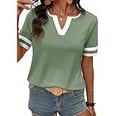 SHEWIN Women's Summer Tops V Neck Short Sleeve T-Shirts Colorblock Casual Tees 2026 Clothes