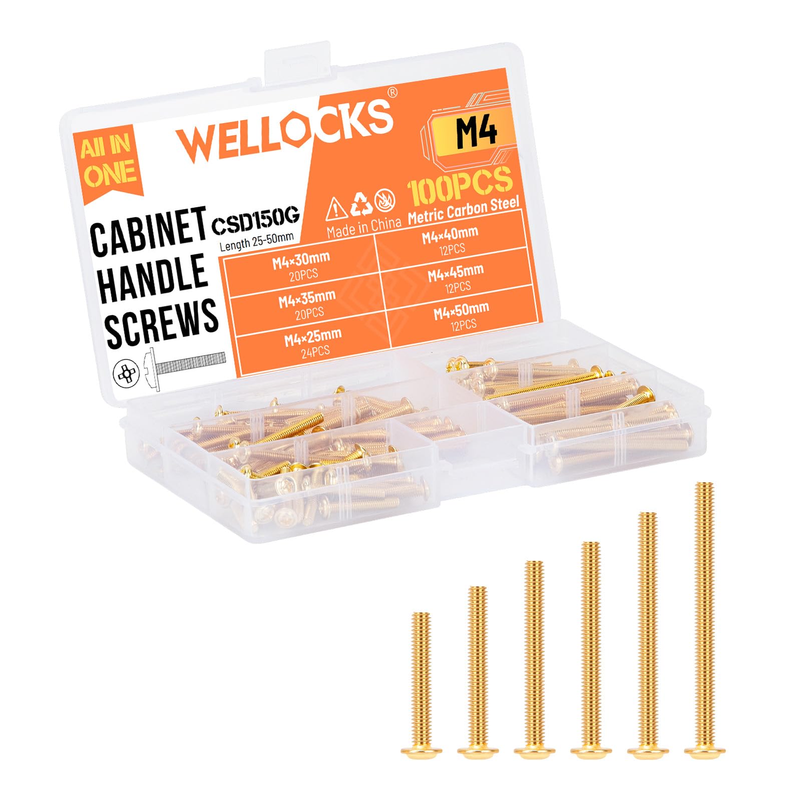 WELLOCKS Cabinet Handle Screws | M4 25-50mm Machine Screws Assortment | Pan Washer Head Metal Phillips Screws Kit | for Cabinet Drawer Cupboard Closet Pulls Knobs (CSD150G) | Gold | 100 PCS — image 1