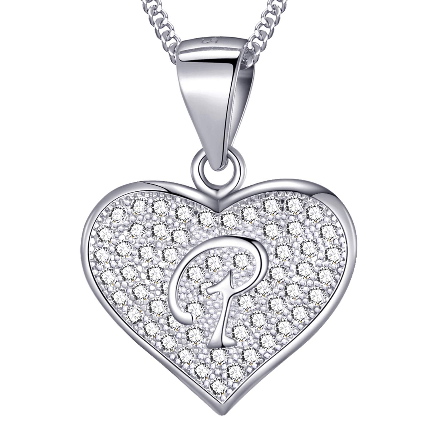 MASADA 925 Sterling Silver Heart Letter Necklace - Initial Pendant with Zircon Stones - Letter P - Personalised Alphabet, Teens & Girls - 46 cm - 18 inch Chain in Velvet Bag