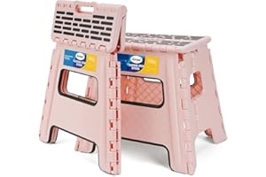 Korpai 2022 Upgrade 13" Folding Step Stool for Adults Kids Holds Up to 300 lbs,Non-Slip Folding Stools with Portable Handle, Compact Plastic Foldable Step Stool for Bathroom,Kitchen,Sakura Pink,2PC