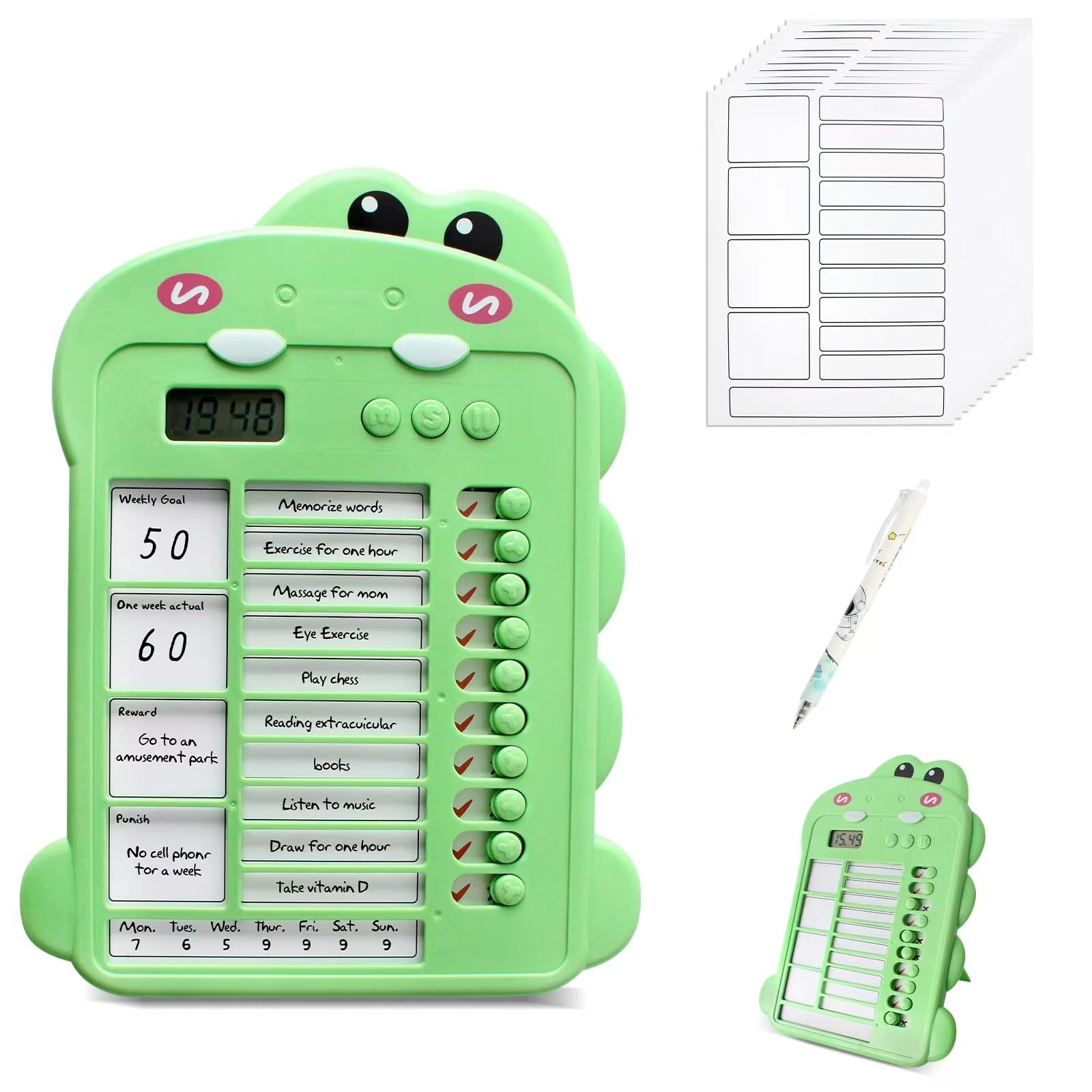 VinBee Portable Checklist Board with Timer Daily Schedule Chore Chart, Kids Planner with 12 Paper and Removeable Pen to Do List Board Dino-Shaped time Reminder